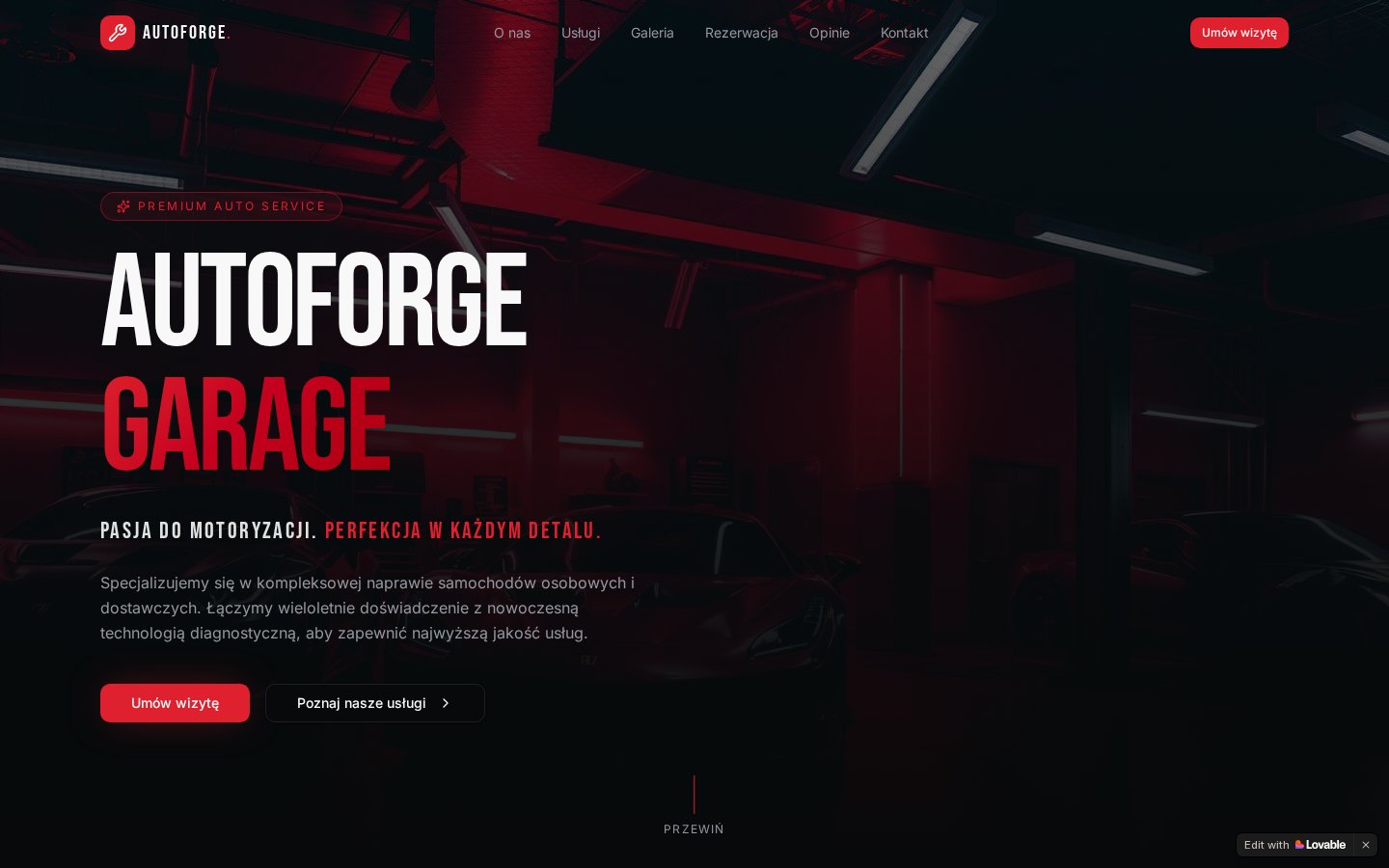 Mockup strony warsztatu AutoForge Garage